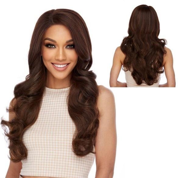 Swiss lace front pruik in bruinmix met slagen zonder pony, Ophalen of Verzenden, Nieuw, Pruik of Haarverlenging