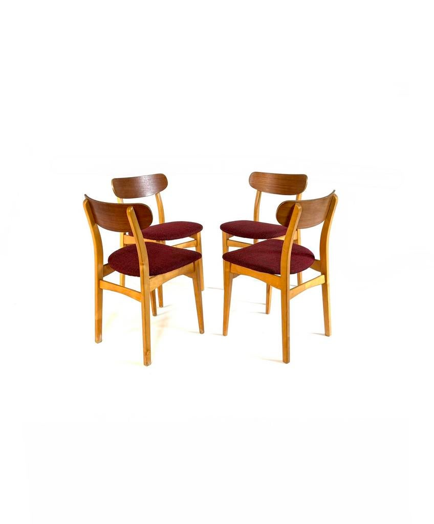 4x vintage Deense eetkamerstoelen, Farstrup Møbler ‘60, Huis en Inrichting, Stoelen, Zo goed als nieuw, Vier, Hout, Stof, Bruin