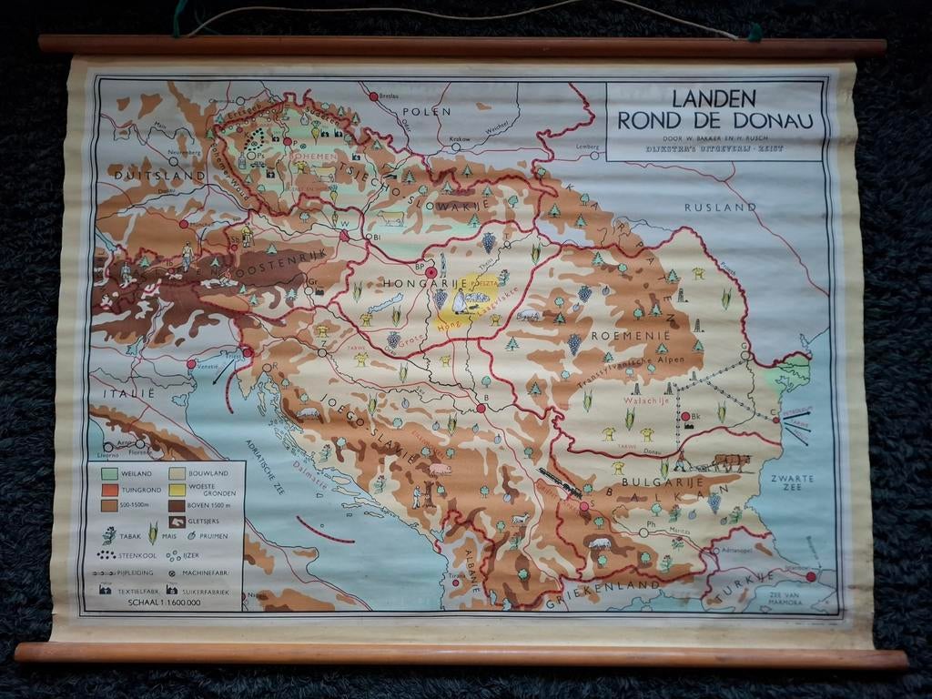 Oude schoolkaart Landen rond de Donau Bakker en Rusch, Antiek en Kunst, Ophalen, Aardrijkskunde
