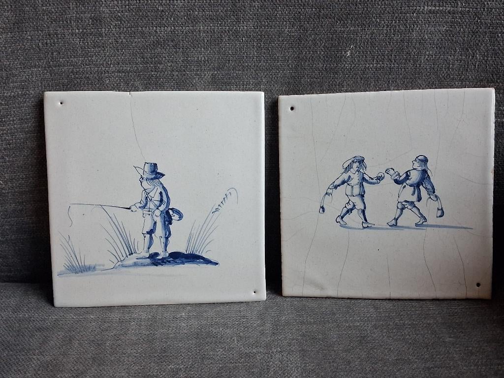 2 antieke wandtegels (blauw op wit), Antiek en Kunst, Ophalen of Verzenden