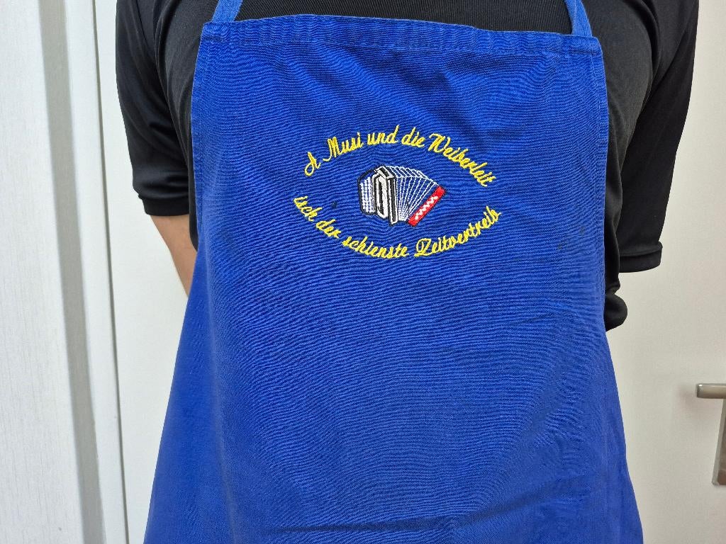 Blauwe schort met opdruk / Carnaval, Carnaval, Ophalen of Verzenden, Kleding, Gedragen