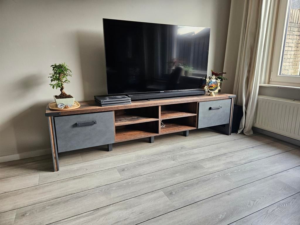 Televisiemeubel, antraciet met houtlook, Huis en Inrichting, Kasten | Televisiemeubels, Ophalen, Zo goed als nieuw, 200 cm of meer