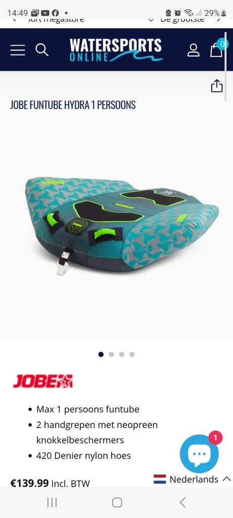 Jobe Funtube Hydra 1 Persoons, Watersport en Boten, Jobe, Funband of Funtube, Nieuw, Info@jobe.nl