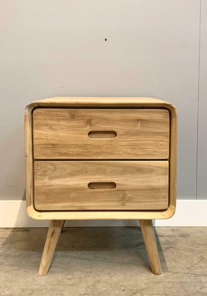 Retro nachtkast massief teakhout, Ophalen, Nieuw, 55 tot 70 cm, 45 tot 65 cm