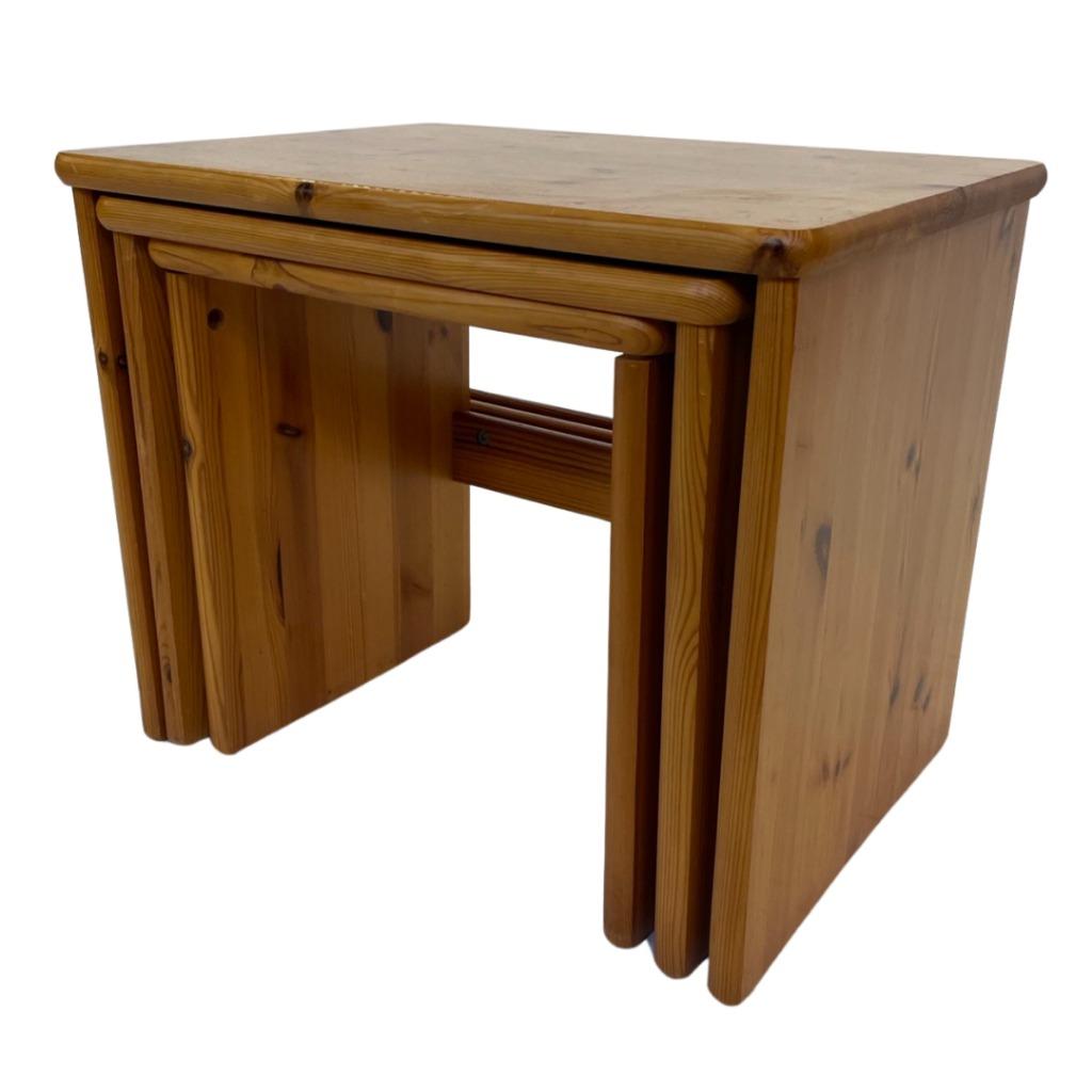 Vintage pine wood grenen mimiset bijzettafels set van 3, Ophalen of Verzenden