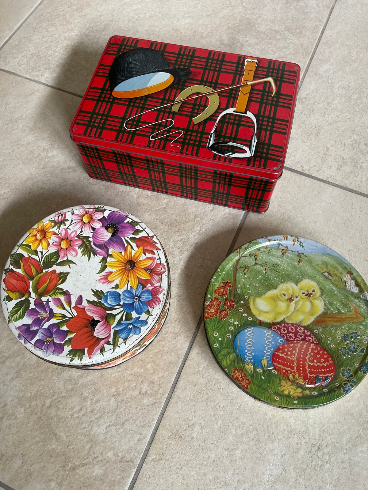 Set van 3 Vintage Blikken: Van Nelle, Bloemen, Kuikens, Verzamelen, Ophalen of Verzenden, Gebruikt, Koek(jes), Van Nelle