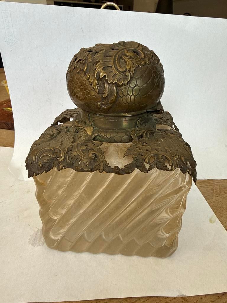 Antieke Art Nouveau glazen pot met messing montuur ca. 1900, Ophalen of Verzenden
