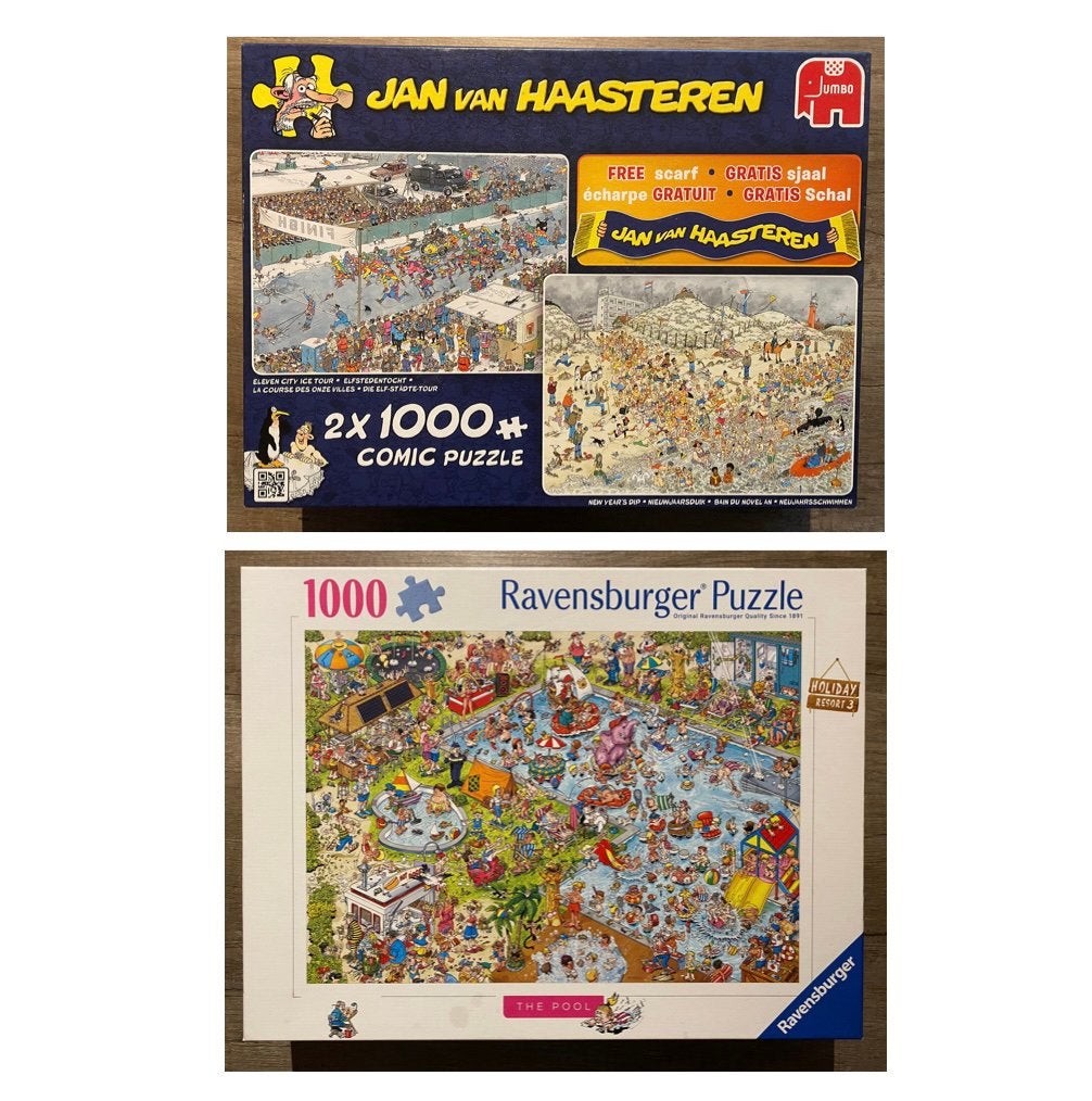 3 puzzels 1000 stukjes jan van Haasteren en Ravensburger, Ophalen, 500 t/m 1500 stukjes, Zo goed als nieuw