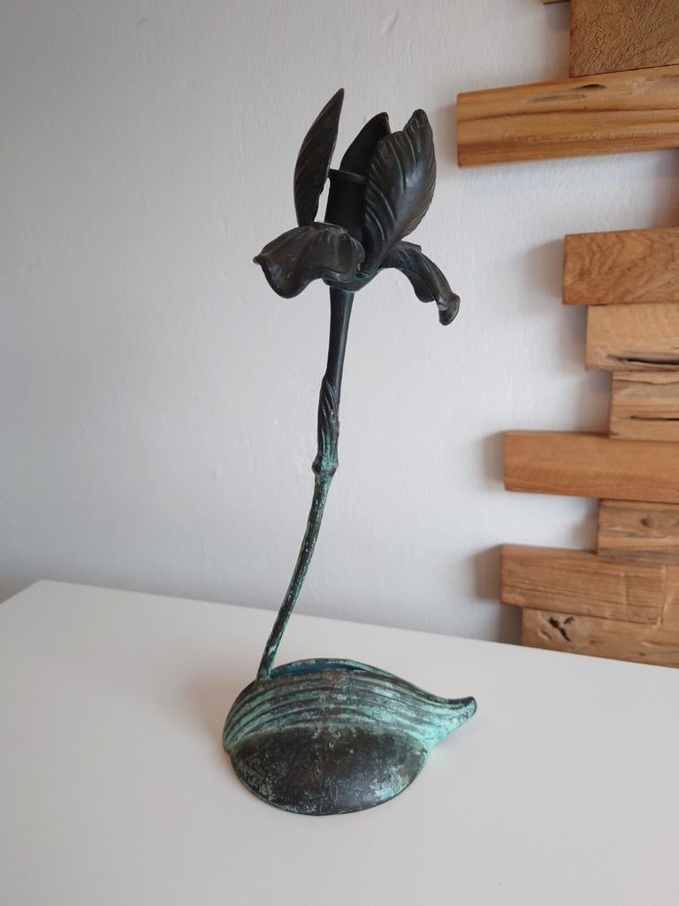 Silvestri kandelaar, brons met groen patina (1920-1940), Antiek en Kunst, Antiek | Kandelaars, Ophalen of Verzenden, Koper of Brons