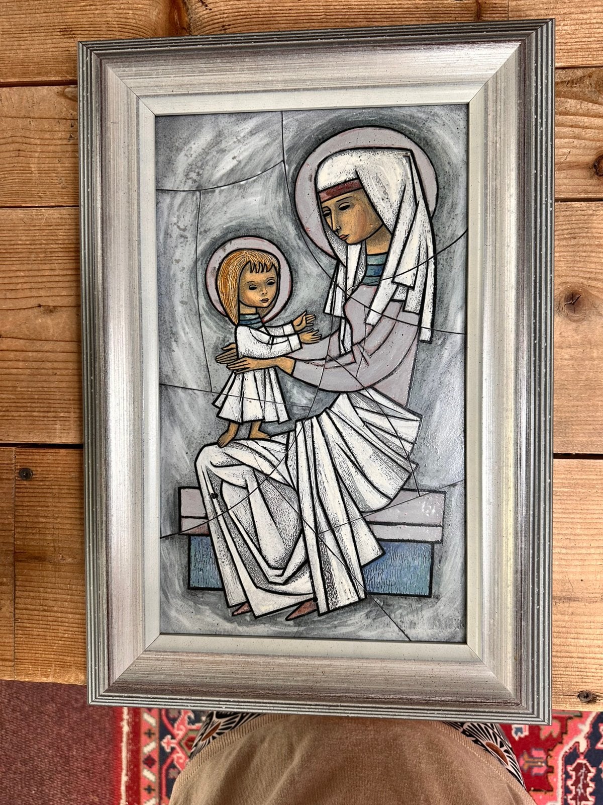 Beschildert icoon  glas in lood moeder en kind, Antiek en Kunst, Ophalen of Verzenden