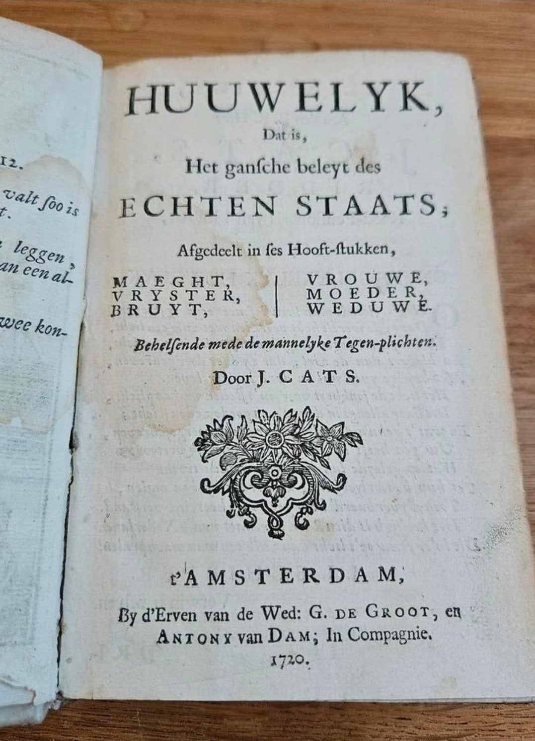 Huwelyk door J. Cats - Zeldzaam oud boek uit 1720, Ophalen of Verzenden, J. Cats