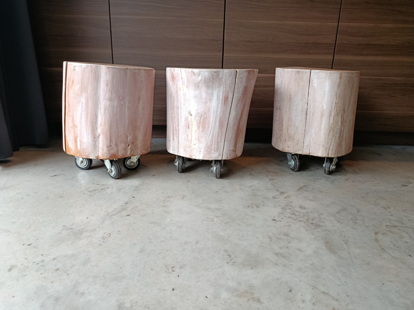 3 handgemaakte boomstam bijzettafels, Minder dan 55 cm, Gebruikt, Rond, Rustiek , landelijk
