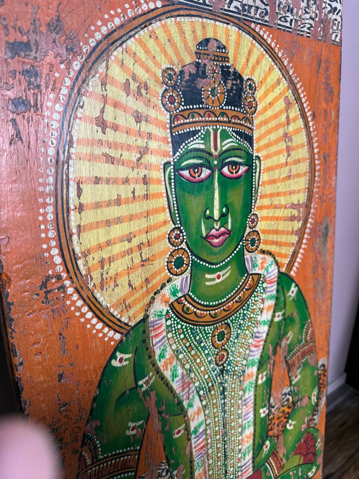 Antiek Indiaas Houten Paneel met Godenafbeelding, Ophalen