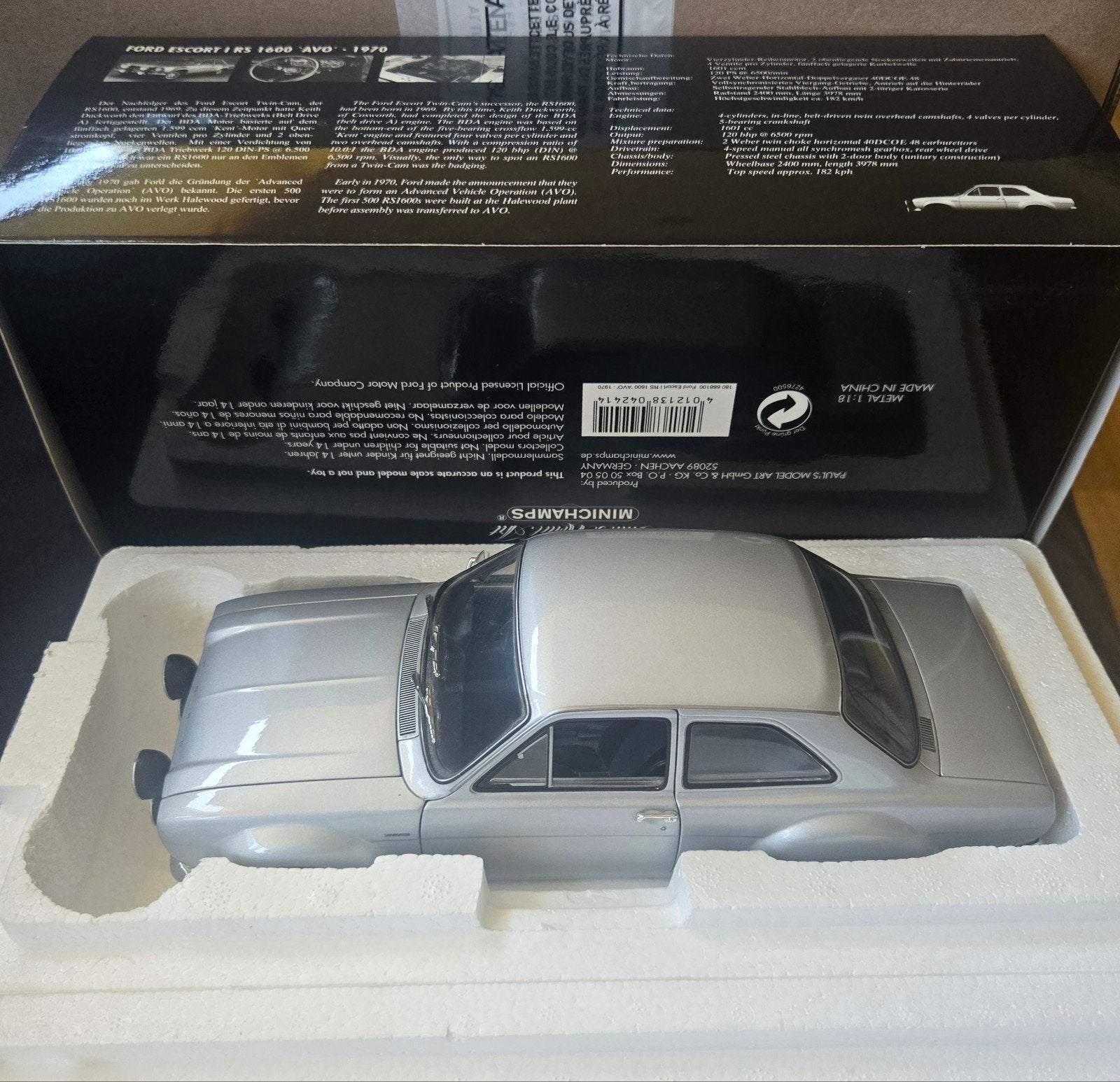 1970 Ford Escort 1 RS 1600 AVO Zilver 1:18 Minichamps, Hobby en Vrije tijd, Modelauto's | 1:18, Ophalen of Verzenden, Nieuw, Auto