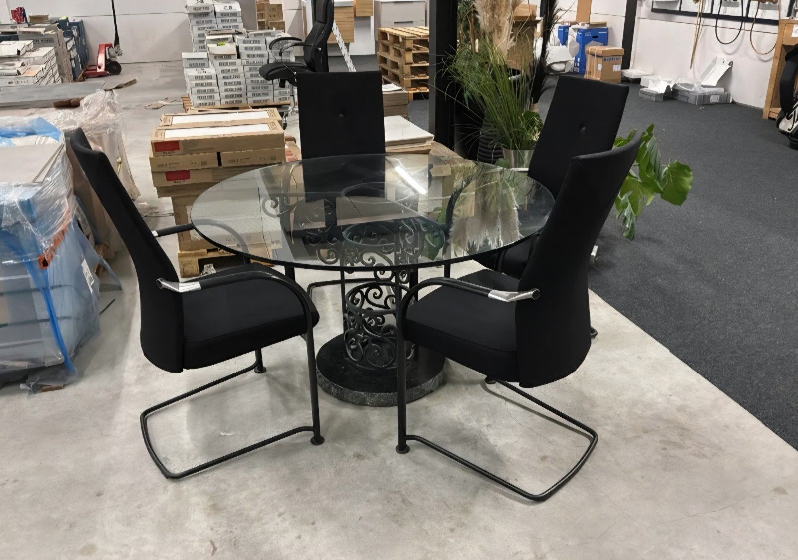 Glazen eettafel met 4 stoelen, Huis en Inrichting, Ophalen, Gebruikt, Rond, Glas