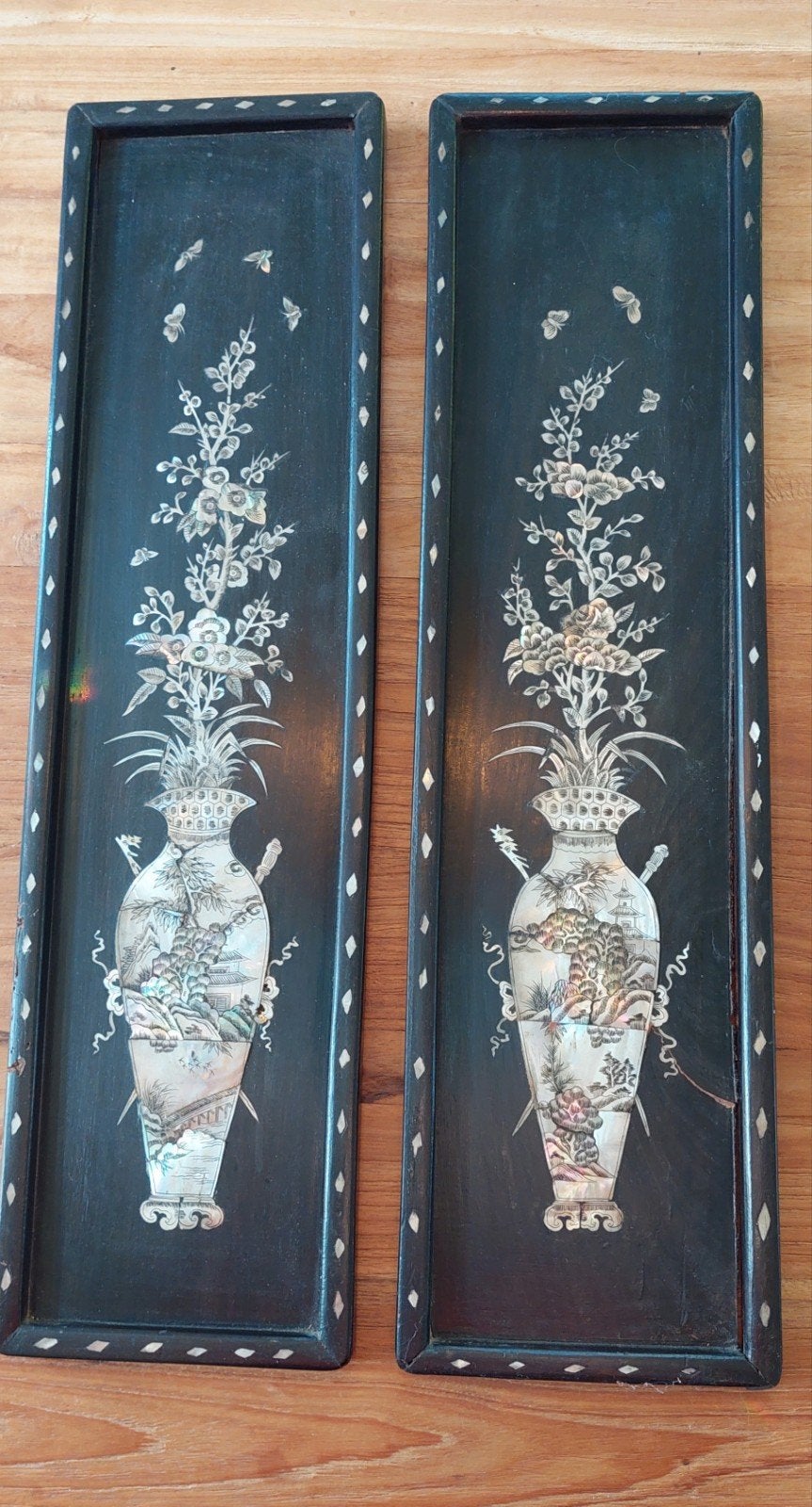 Set van 2 Antieke Aziatische - chinese Lakpanelen met Parelm, Ophalen of Verzenden