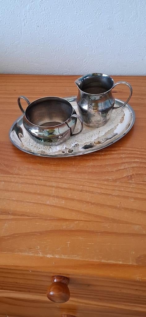 Vintage Roomstelletje - Suikerpot, Melkkan en Dienblad, Antiek en Kunst, Ophalen of Verzenden, Zilver