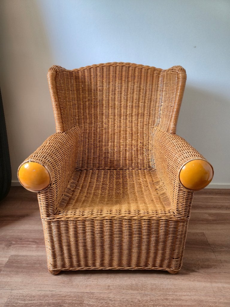 Vintage rotan fauteuil / oorfauteuil – sfeervolle eyecatcher, Ophalen, Gebruikt, 50 tot 75 cm, Riet of Rotan