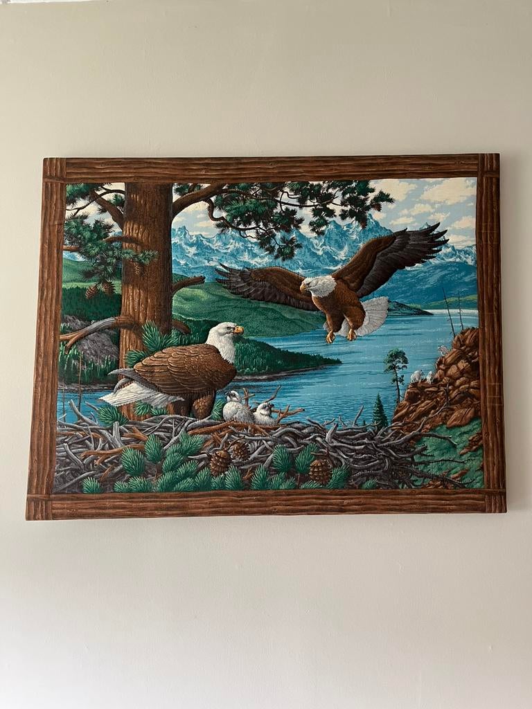 Vintage handgemaakt wandkleed/ schilderij vogels, Ophalen of Verzenden