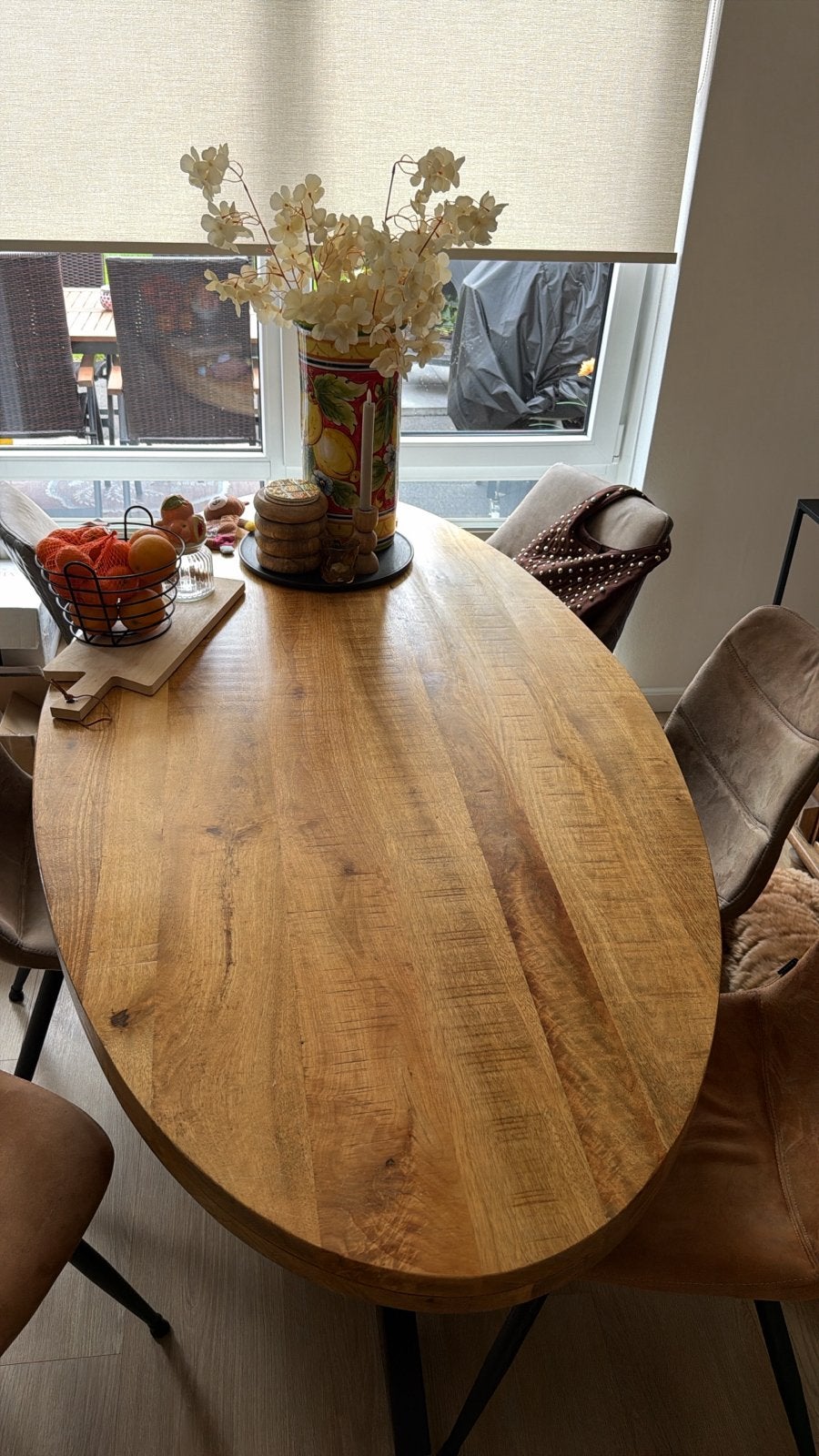 Ovale mangohouten eettafel 2 meter met zwarte stalen poot, Ophalen, Gebruikt, 200 cm of meer, Ovaal