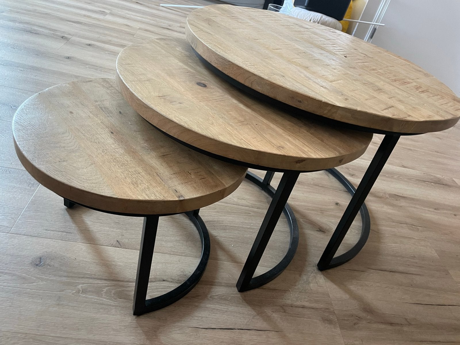 Set van 3 ronde bijzettafels - Mangohout en Metaal, Huis en Inrichting, Tafels | Salontafels, Ophalen, 50 – 75, Rond, 50 tot 100 cm