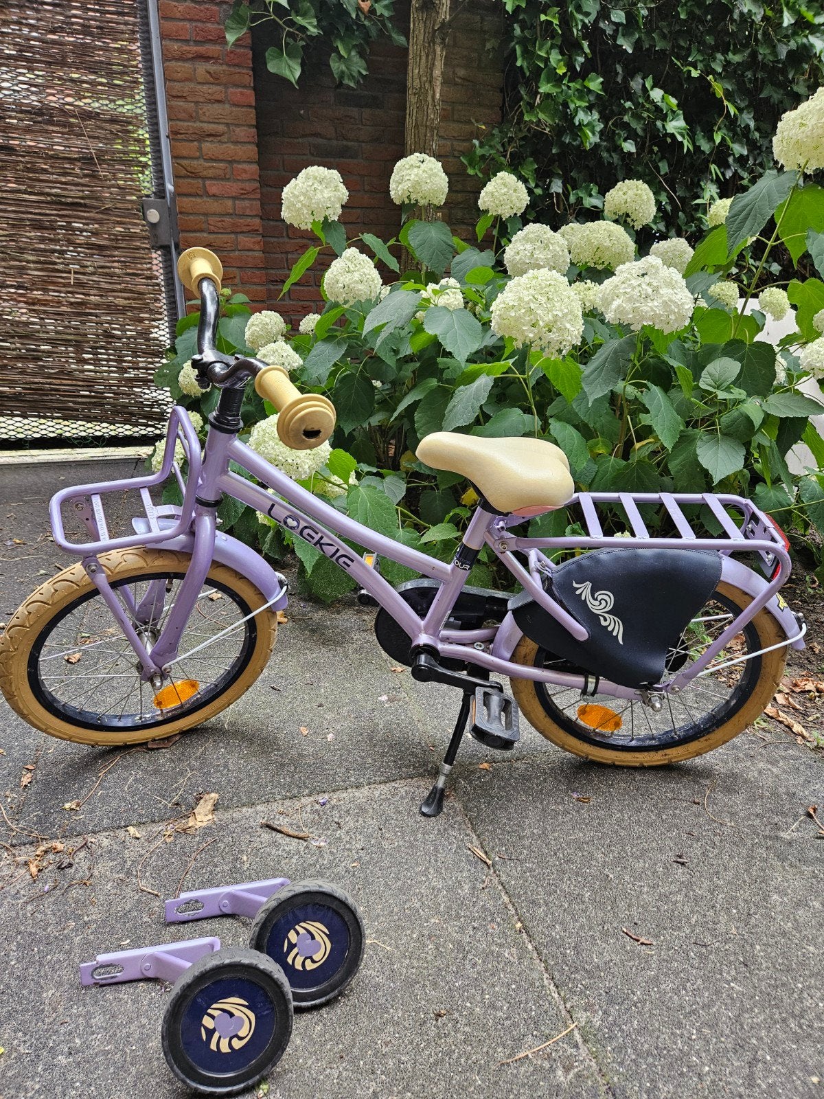 Paarse Loekie Kinderfiets 16 inch, Ophalen, Terugtraprem, Zijwieltjes, Loekie