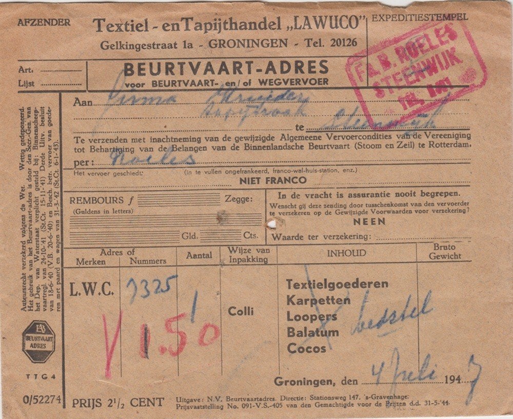 Beurtvaart- Adres Fa. B. Roeles Steenwijk 1947 - schaars, Ophalen of Verzenden, Brief