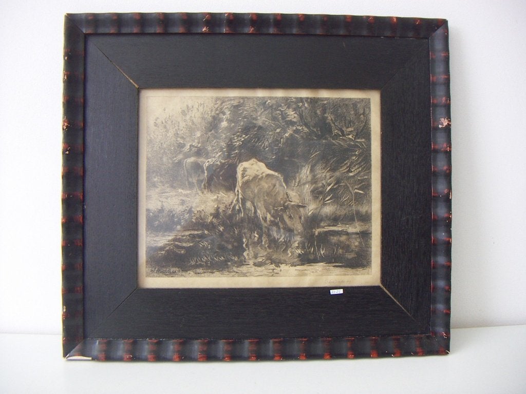 C. Dake ets n. Willem Maris Drinkende witte koe. Zomerweelde, Antiek en Kunst, Kunst | Etsen en Gravures, Ingelijst, 1800 - 1899