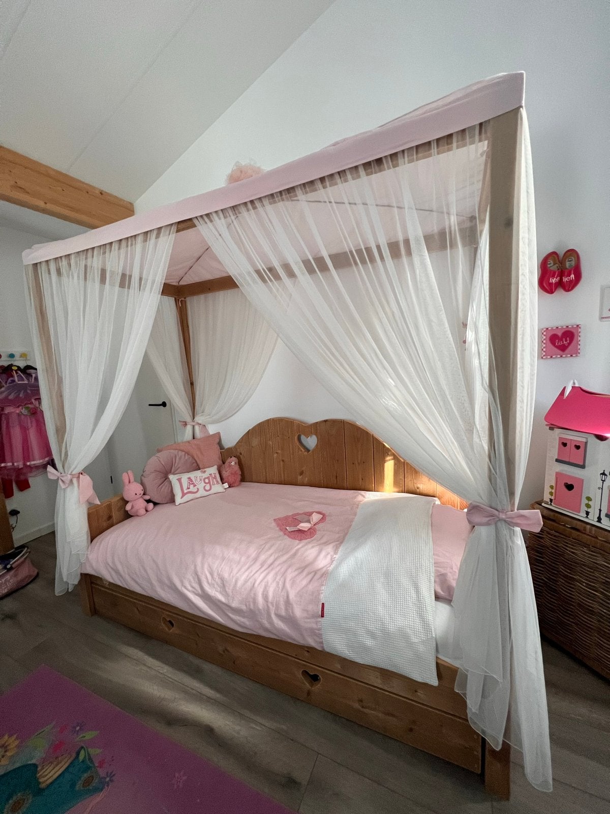 Mooi hemelbed van steigerhout (eigen ontwerp!!), Ophalen, 85 tot 100 cm, Zo goed als nieuw, Lattenbodem
