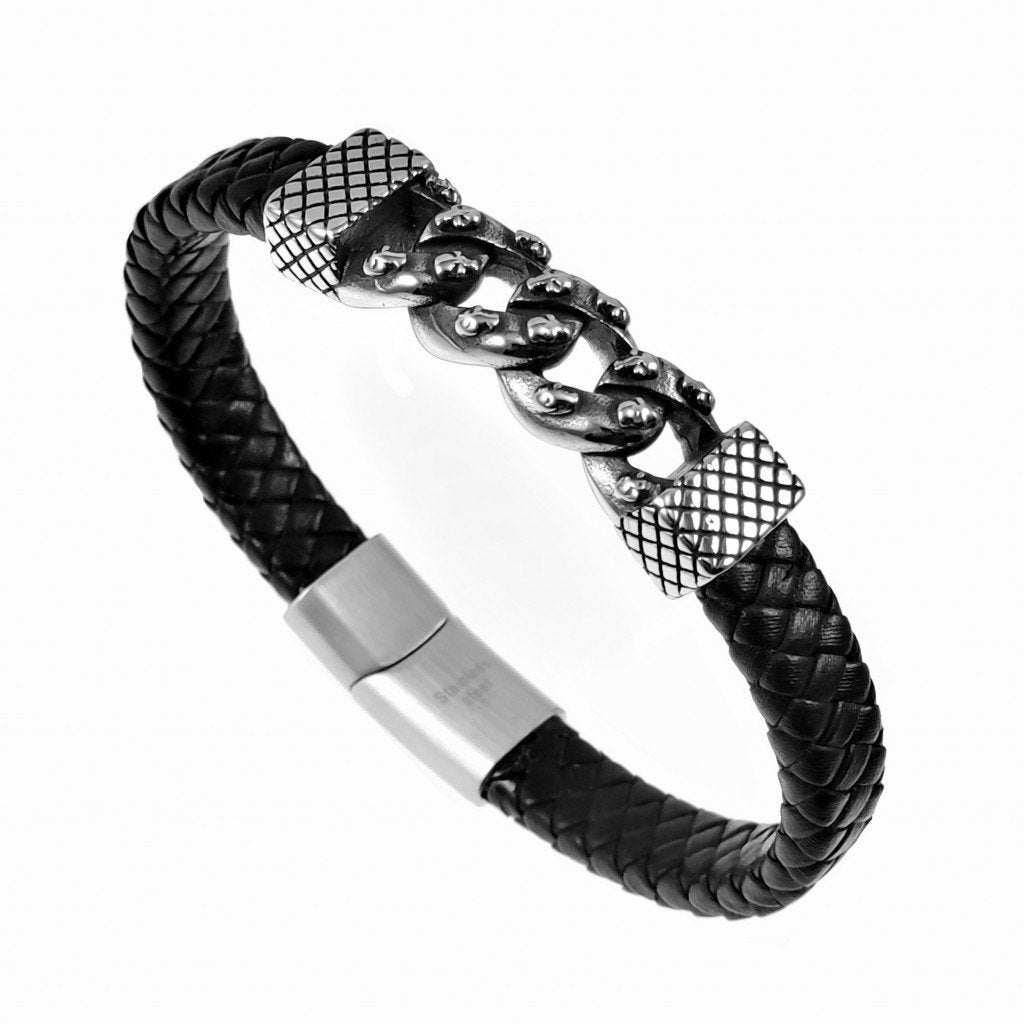 Gevlochten Leren Armband met RVS Gourmet-Schakels-Schedels, Birgitta-Gracht 33, 6465 EL Kerkrade, Nederland, Verzenden, Zwart