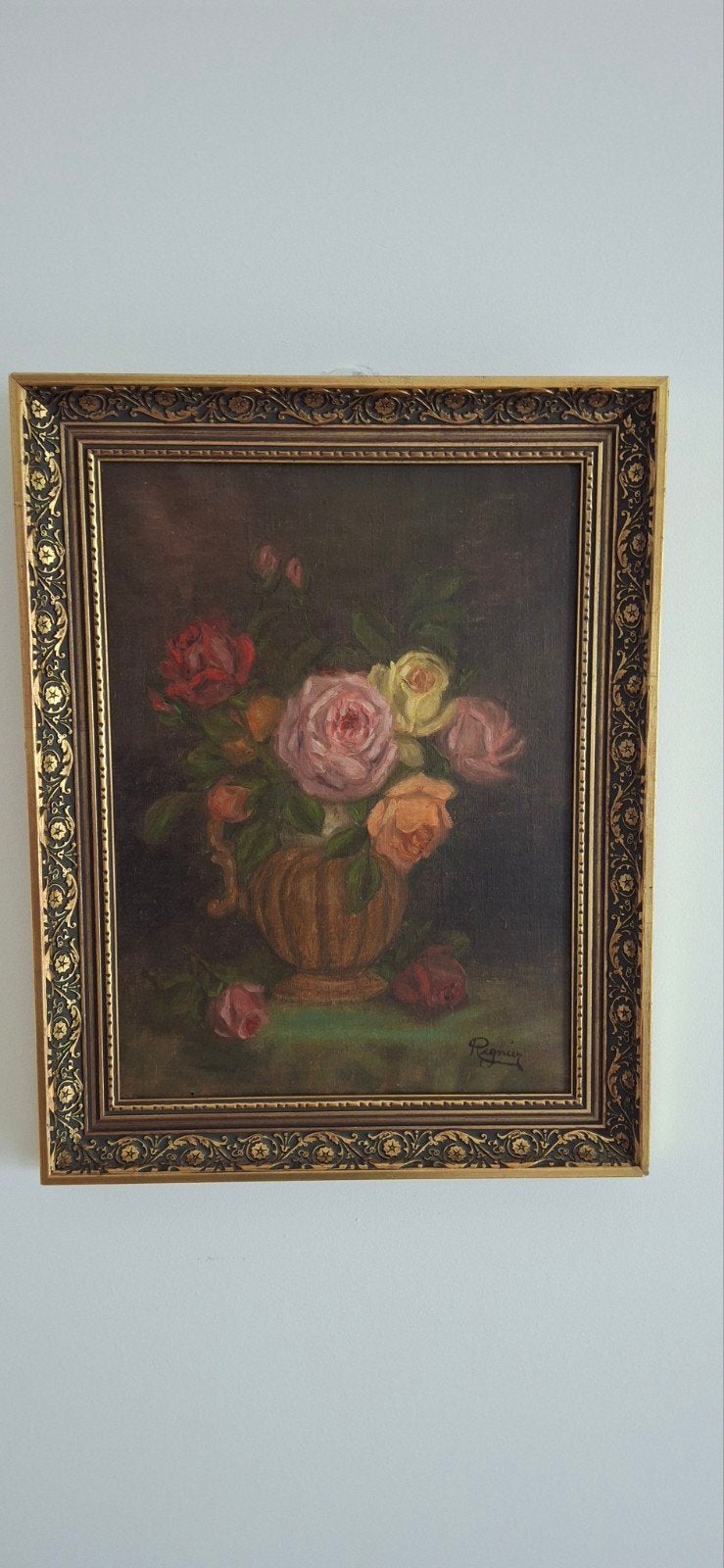Vintage stilleven schilderij met rozen in lijst, Antiek en Kunst, Ophalen