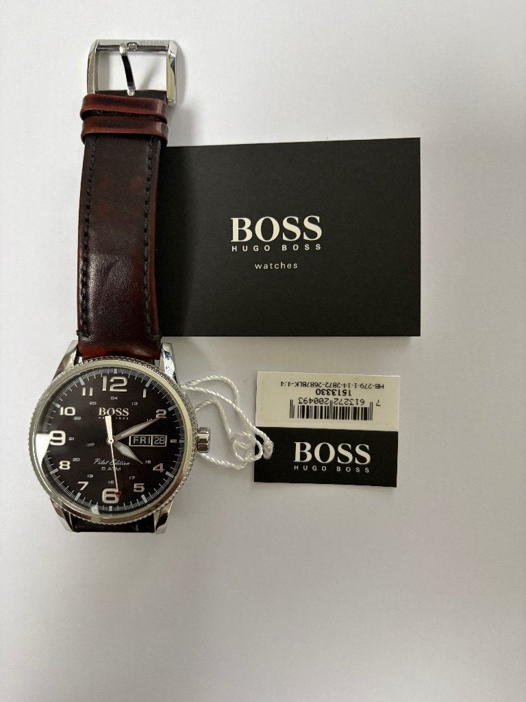 Boss herenhorloge Pilot Edition, Sieraden, Tassen en Uiterlijk, Overige merken, Leer, Staal, Polshorloge