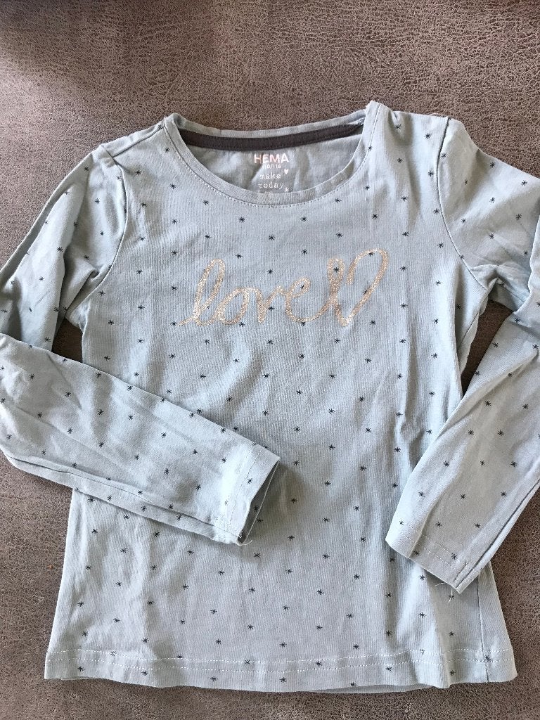 supermooi shirt van Hema met glitter "love" 110/116 - zgan, Meisje, Ophalen of Verzenden, Zo goed als nieuw, Shirt of Longsleeve