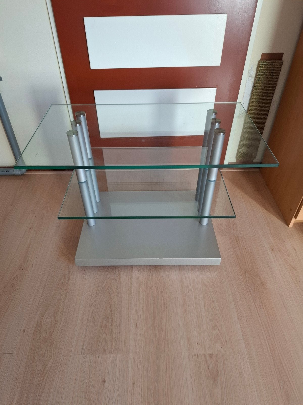 Audiomeubel van glas en zilverkleurig staal, Ophalen, Gebruikt, Modern, Glas