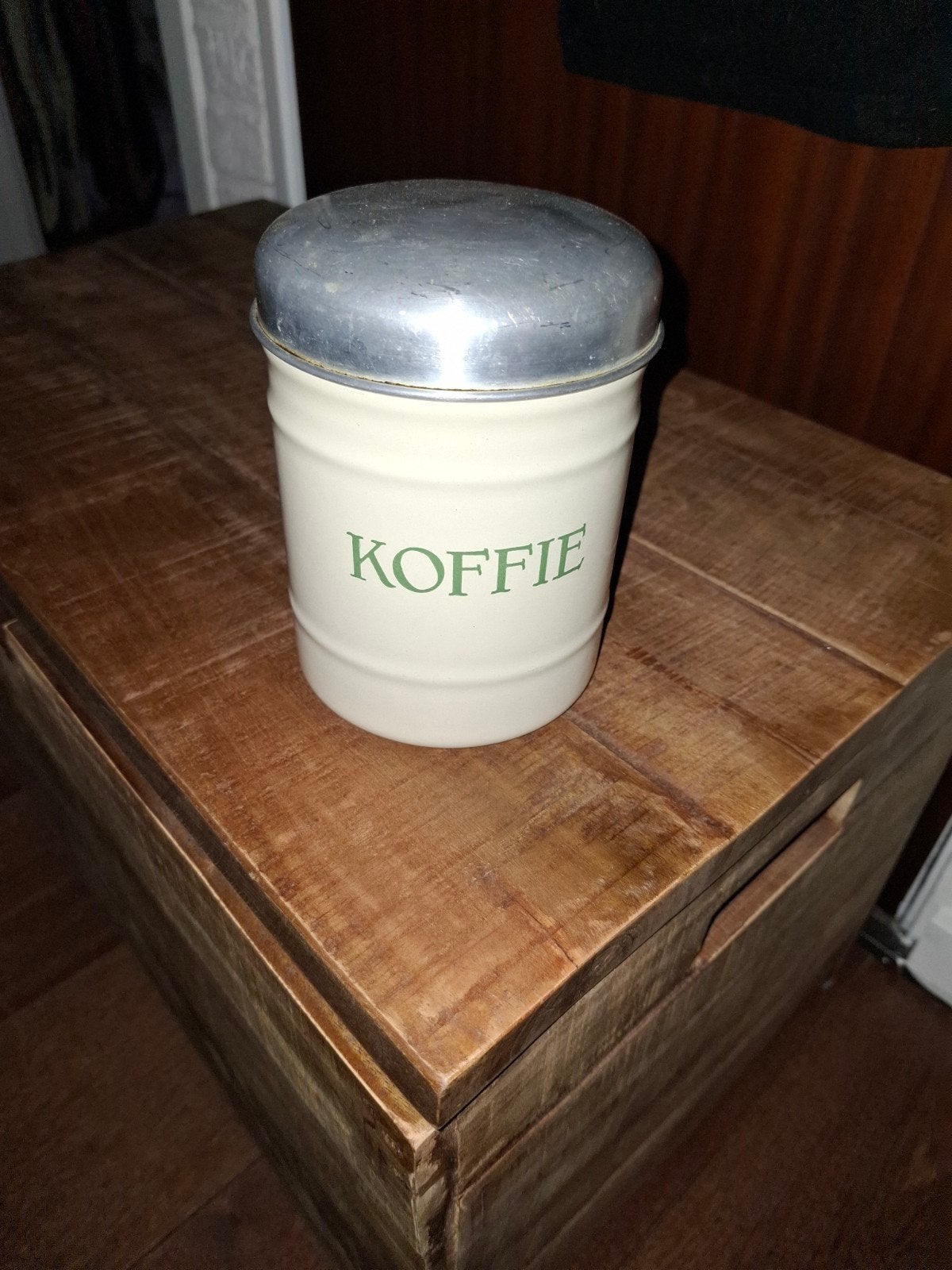 Vintage Koffieblik met deksel - Crème met Groene Letters, Ophalen of Verzenden