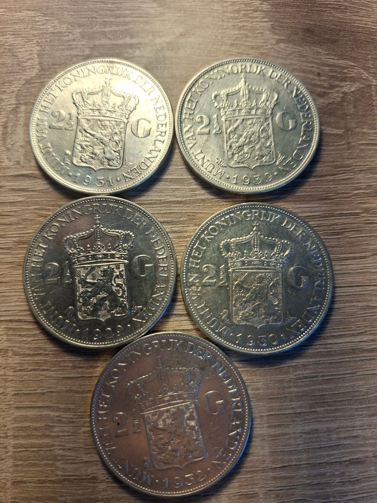 5 Rijksdaalders Wilhelmina | 1929, 1930, 1931, 1932, 1939, Setje, Zilver, Ophalen of Verzenden, Koningin Wilhelmina