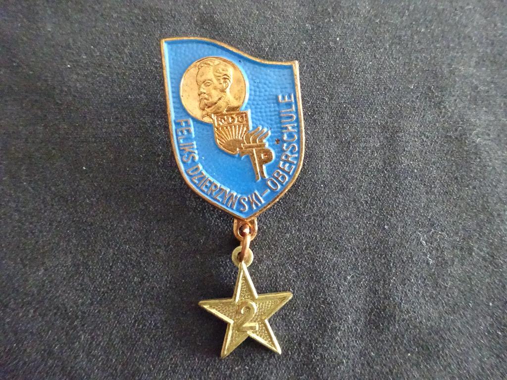 DDR:  FDJ - Junge Pioniere Felix Dzierzynski Oberschule, Ophalen of Verzenden, Landmacht, Duitsland, Embleem of Badge