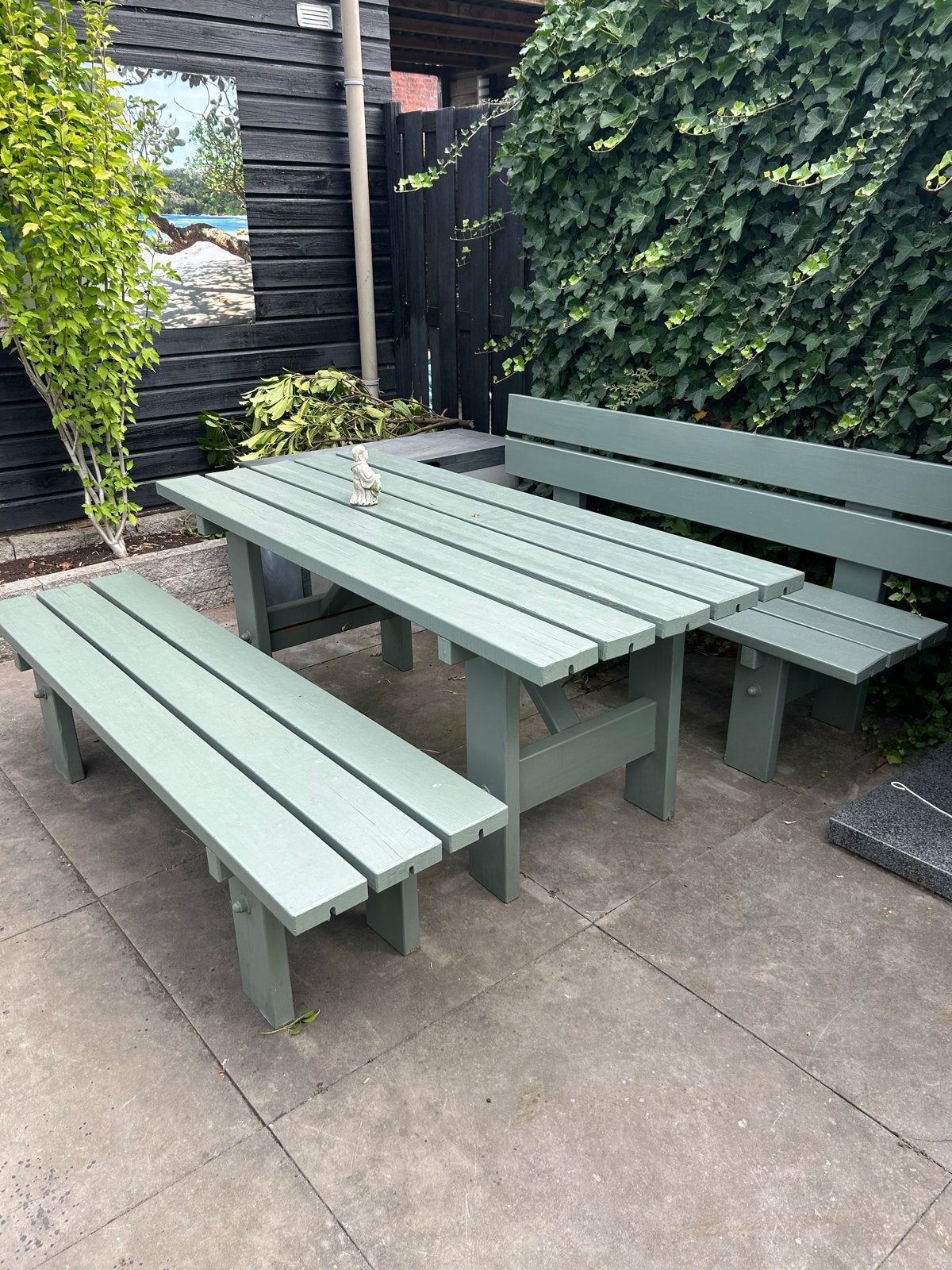Robuuste picknicktafel met banken en leuning, Ophalen, Gebruikt, Rechthoekig, Hout
