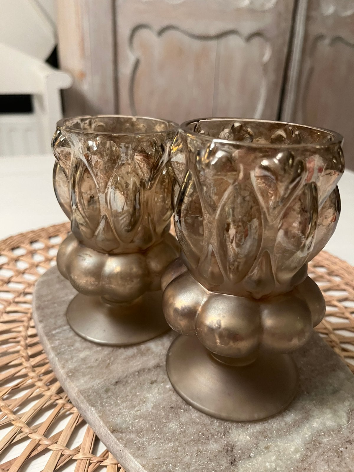 Set van twee leuke glazen vaasjes brons zilverkleurig, Ophalen of Verzenden, Zo goed als nieuw, Overige kleuren, Glas