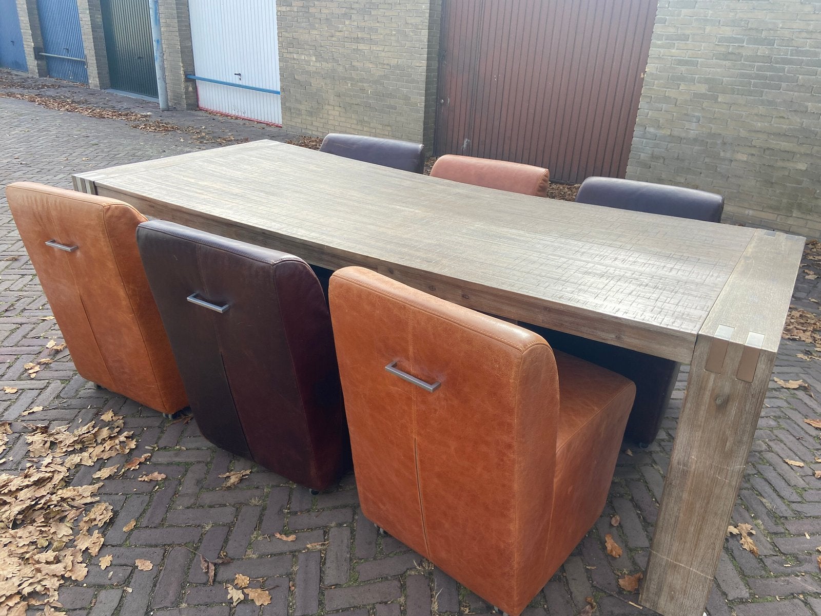 6 zeer luxe lederen stoelen + eettafel, Ophalen of Verzenden, Zo goed als nieuw