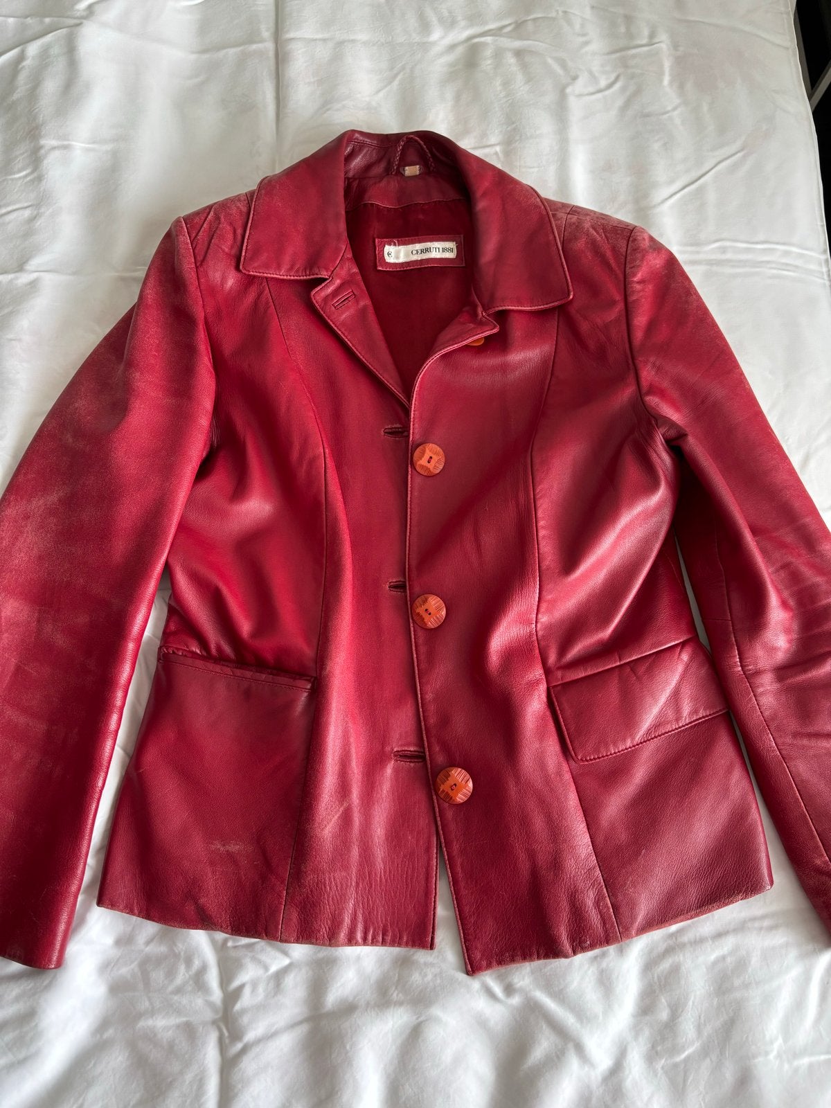 Vintage Rode Leren Blazer & Bruin Leren Bikerjack, Ophalen, Gedragen, Maat 38/40 (M), Meerkleurig