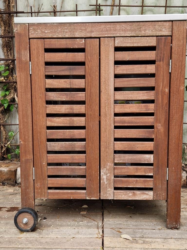 Houten berging-tuinkast, bbq bijzetkast kast met wielen, Tuin en Terras, Ophalen, Gebruikt, Hout, Containerberging