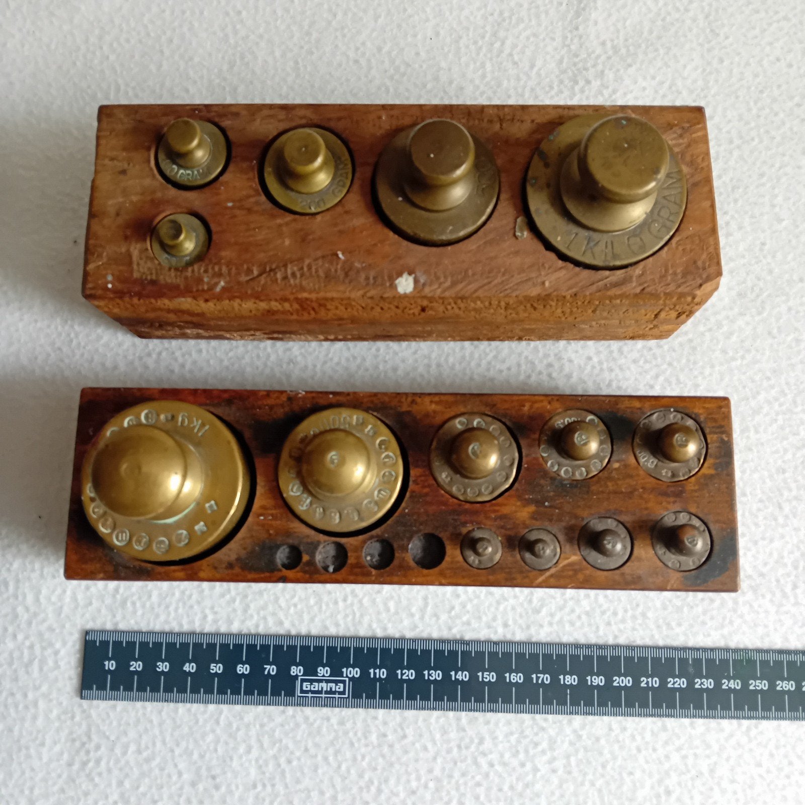 Messing gewichten sets in houten blokken, Ophalen of Verzenden