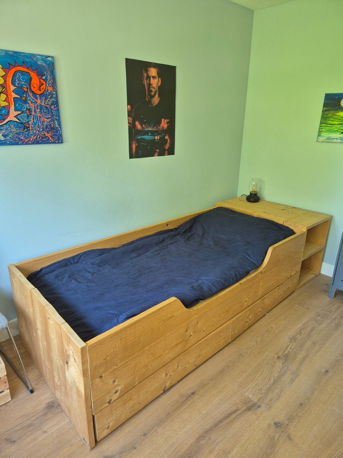Steigerhouten bed met opbergruimte en nachtkastje, Huis en Inrichting, Slaapkamer | Bedden, Ophalen, Gebruikt, 90 cm, Eenpersoons