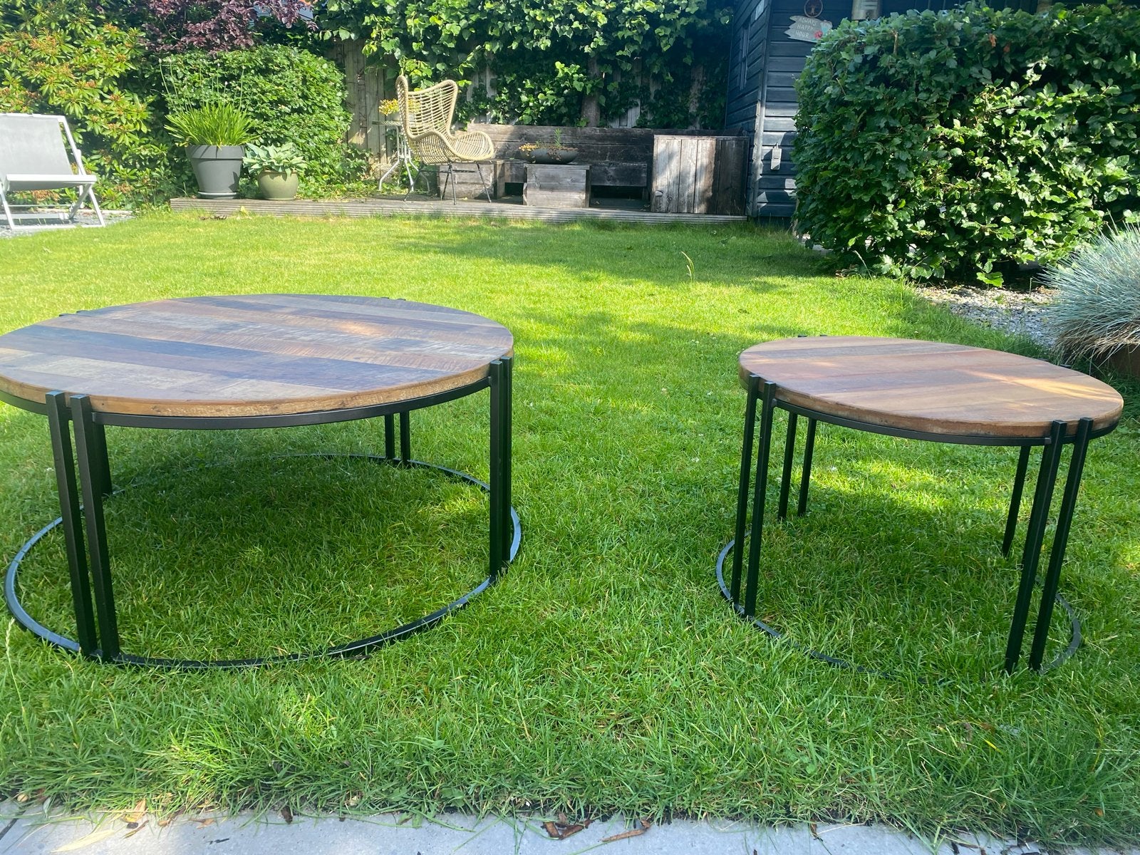Set van 2 Tuareg salontafels, rond, hout en metaal, Ophalen, Gebruikt, Rond, 50 tot 100 cm