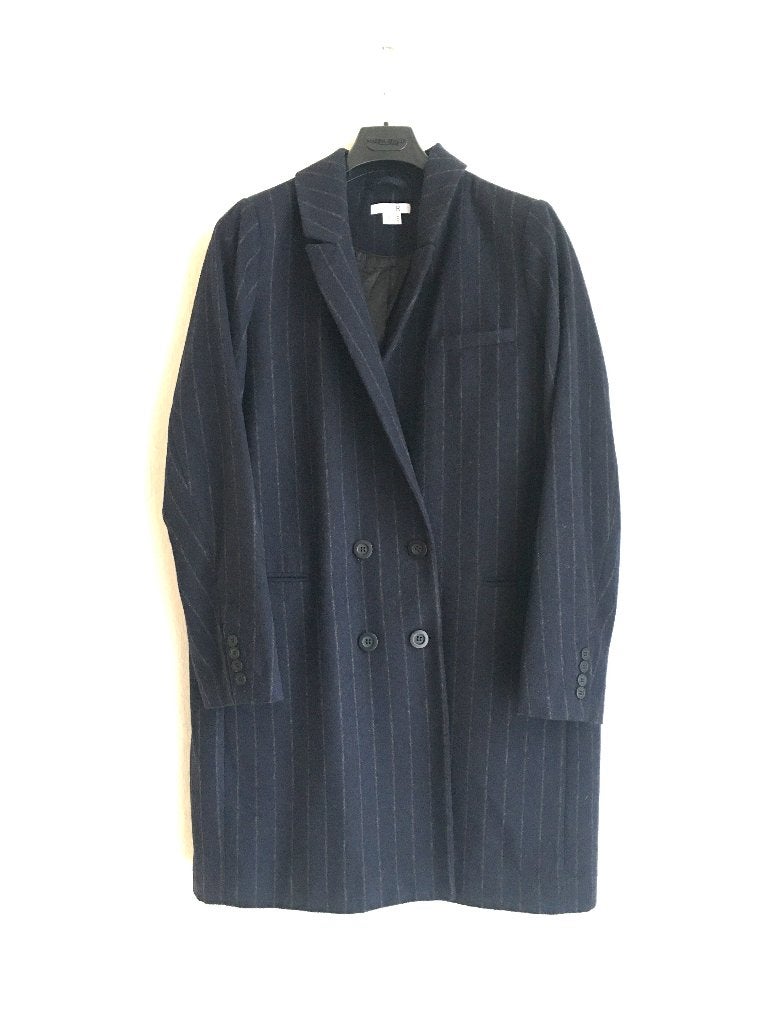 Wollen Mantel | Lange Blazer | Donkerblauw met Krijtstreep, Blauw, Maat 46/48 (XL) of groter, Ophalen of Verzenden, Zo goed als nieuw