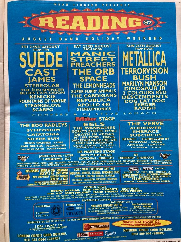 READING FESTIVAL 1997 A3 advertentie BUSH Metallica VERVE, Verzamelen, Posters, Ophalen of Verzenden, Zo goed als nieuw, A1 t/m A3