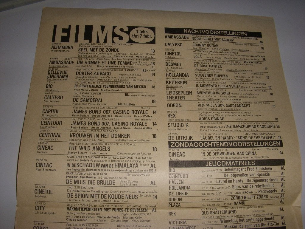 Filmlijst Amsterdamse Bioscopen februari 1967, Ophalen of Verzenden, Gebruikt, Film, Gebruiksvoorwerp