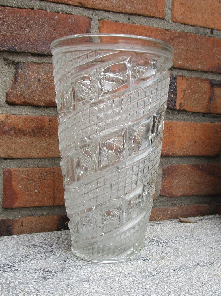Vintage glazen vaas met spiraalpatroon, Gebruikt, Transparant, Ophalen of Verzenden, Glas