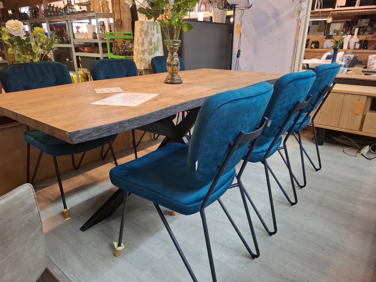 6 Nieuwe stoelen, kleur Teal, zwart frame + greep June Xooon, Huis en Inrichting, Ophalen, Blauw, Nieuw, Metaal